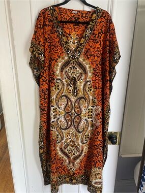 Vintage Orange Paisley Kaftan / Caftan Dress